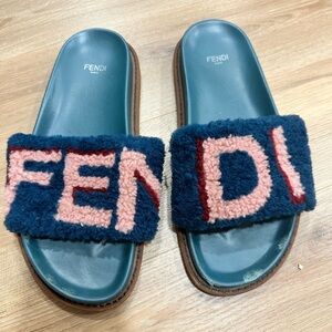 Fendi Blue and Pink Fuzzy Slide Loafers